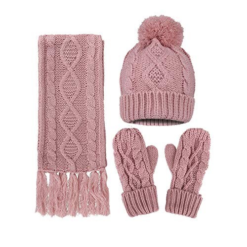 Women's Winter 3 Piece Cable Knit Beanie Hat, Gloves, and Scarf Set