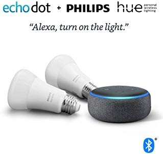 Echo Dot 3rd Gen Charcoal Bundle with Philips Hue White 2-Pack A19 Smart Bulbs