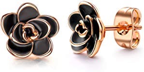 AllenCOCO 18K Gold Plated Black Rose Flower Stud Earrings