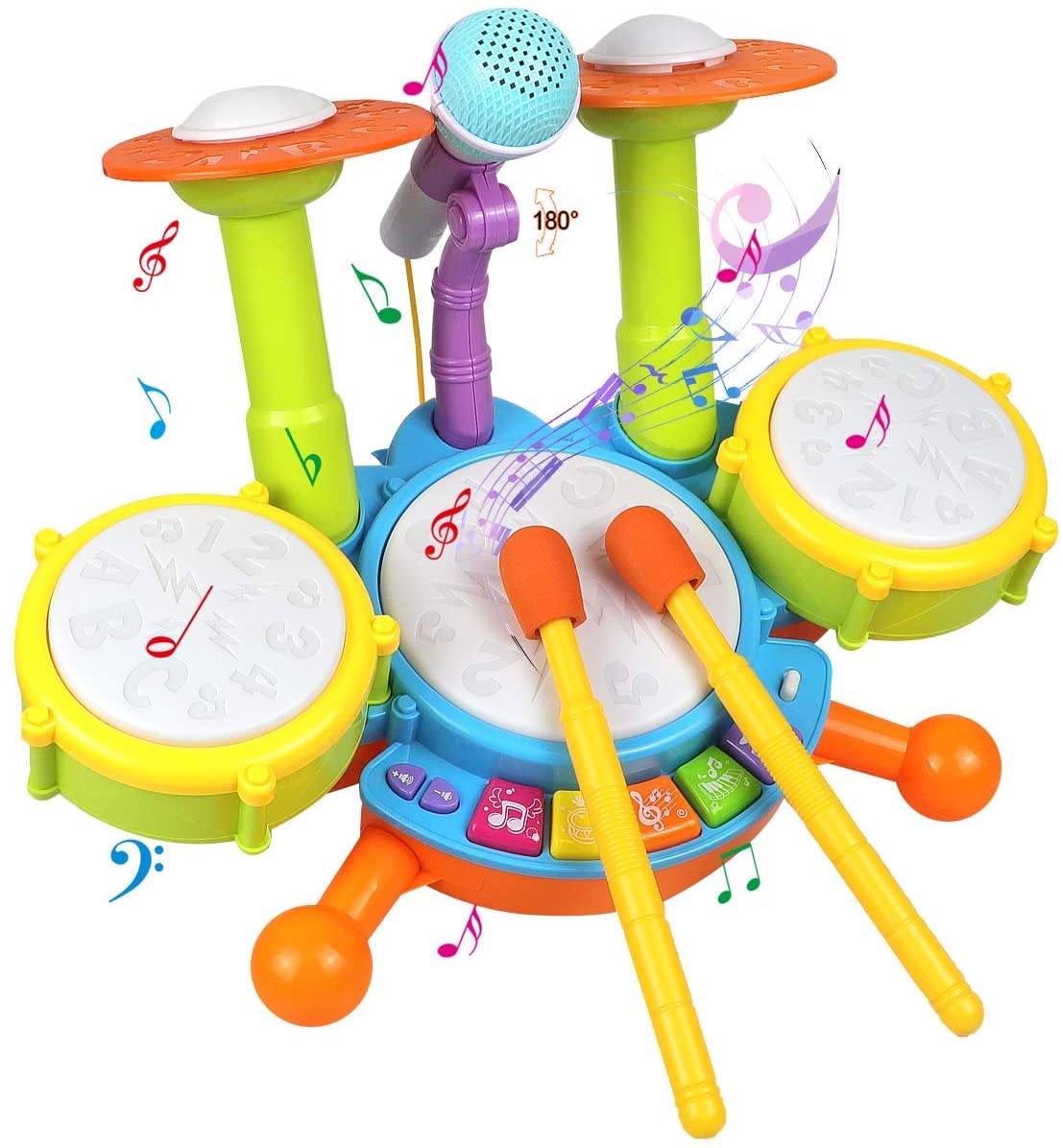 Prextex Kids Electric Toy Drum Set for Kids Working Microphone Lights and Adjustable Sound Bass Drum Pedal Drum Sticks with Little Chair All Included 