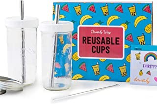 Reusable Boba Bubble Smoothie Cups with 2 Lids and Metal Straws